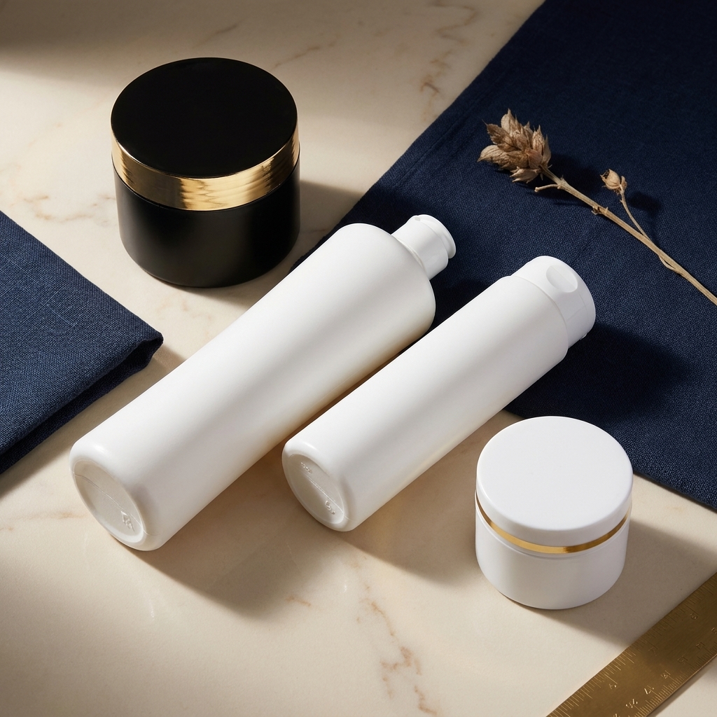 Composição premium de embalagens cosméticas Starpacks — frascos PET, dropper, pump bottles e potes para sua marca