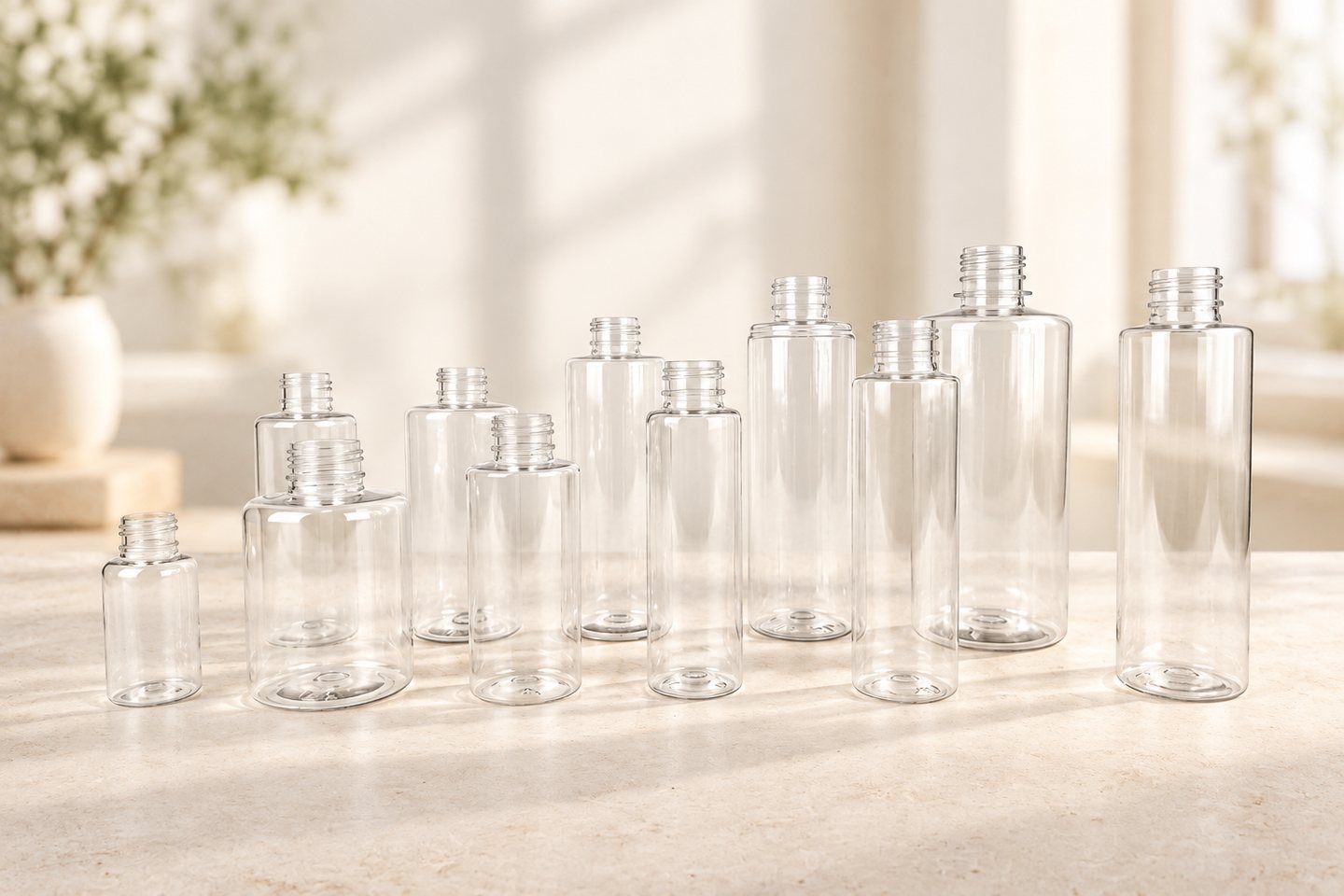 Linha PET Starpacks — frascos cristal em sequência de tamanho