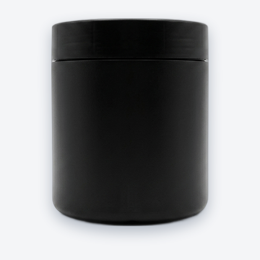 Pote PEAD 1 kg · boca larga — Pote e tampa pretas · linha PEAD, 1 kg